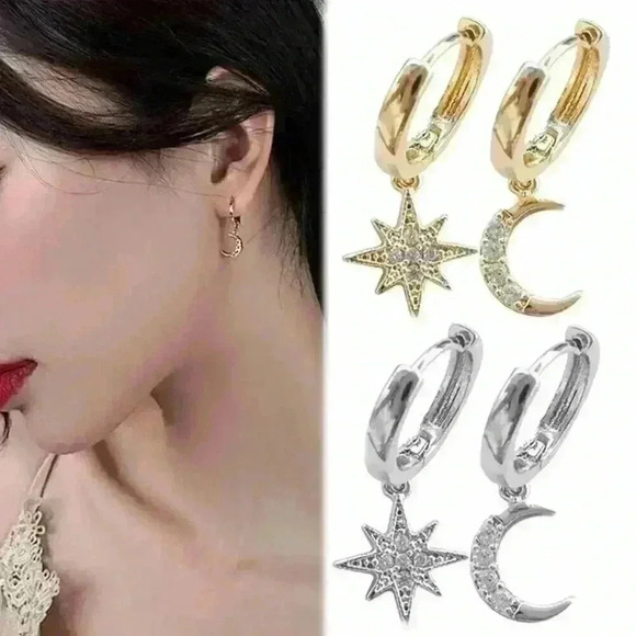 Silver Moon and Star Earrings - Picture 1 of 2